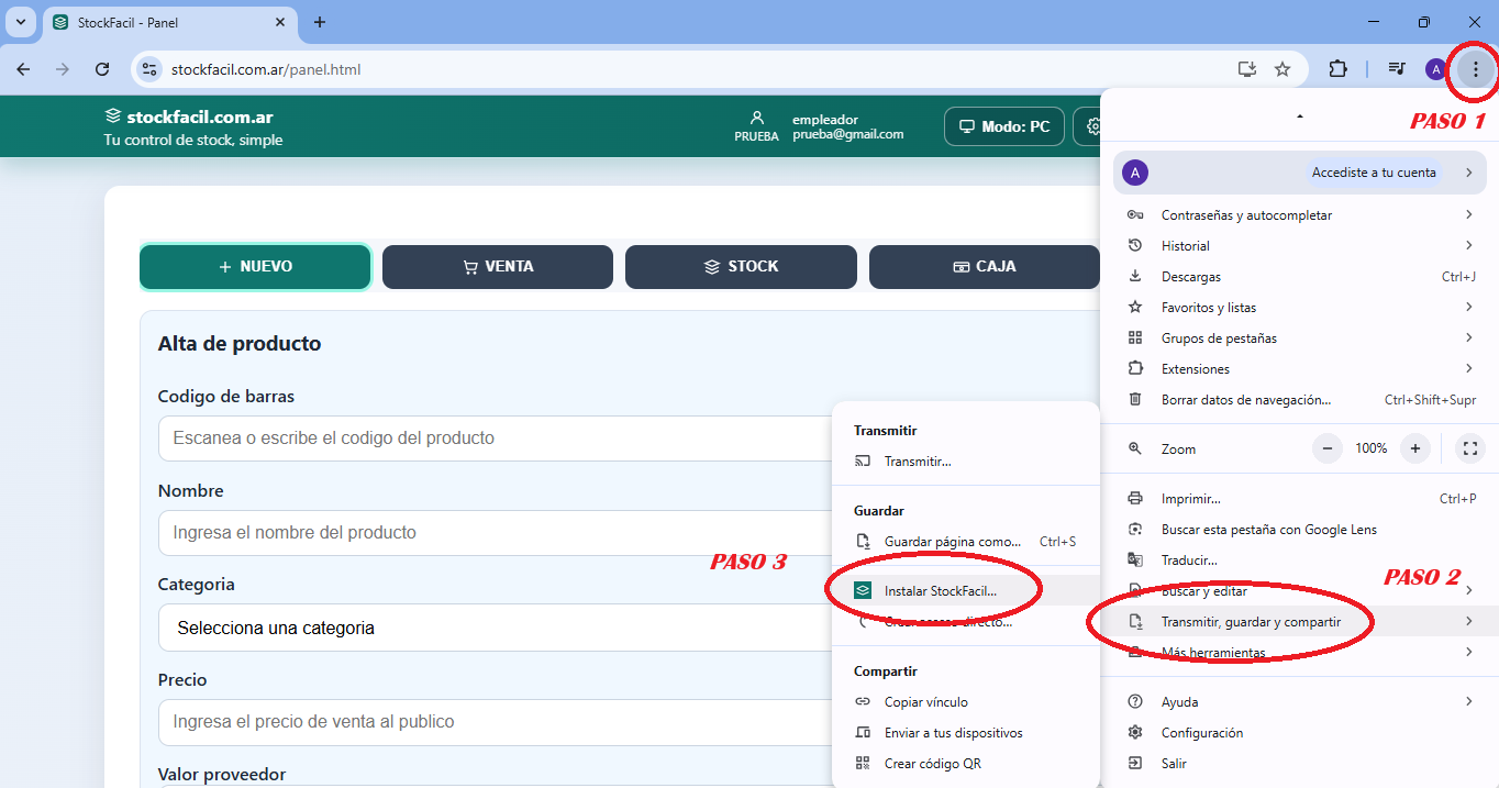 Paso 1 para instalar StockSimple desde el menu del navegador